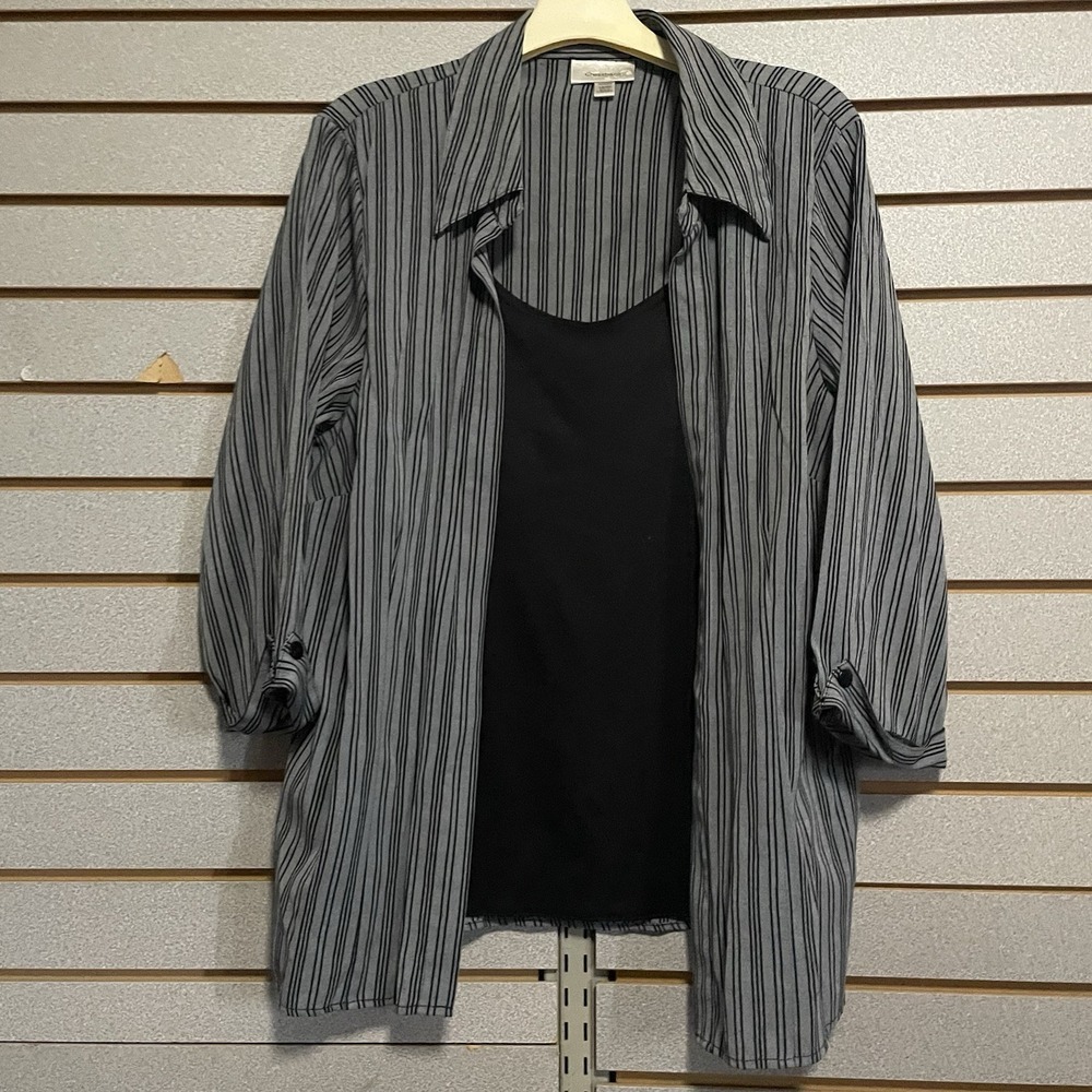Dressbarn 18 20 Black Tank W/ Attached 3/4 Sleeve Blouse Shirt Striped Gray Blac